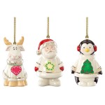 Набор из 3 новогодних украшений 8см "Дед Мороз, Пингвин, Олень", Фарфор, Lenox, США