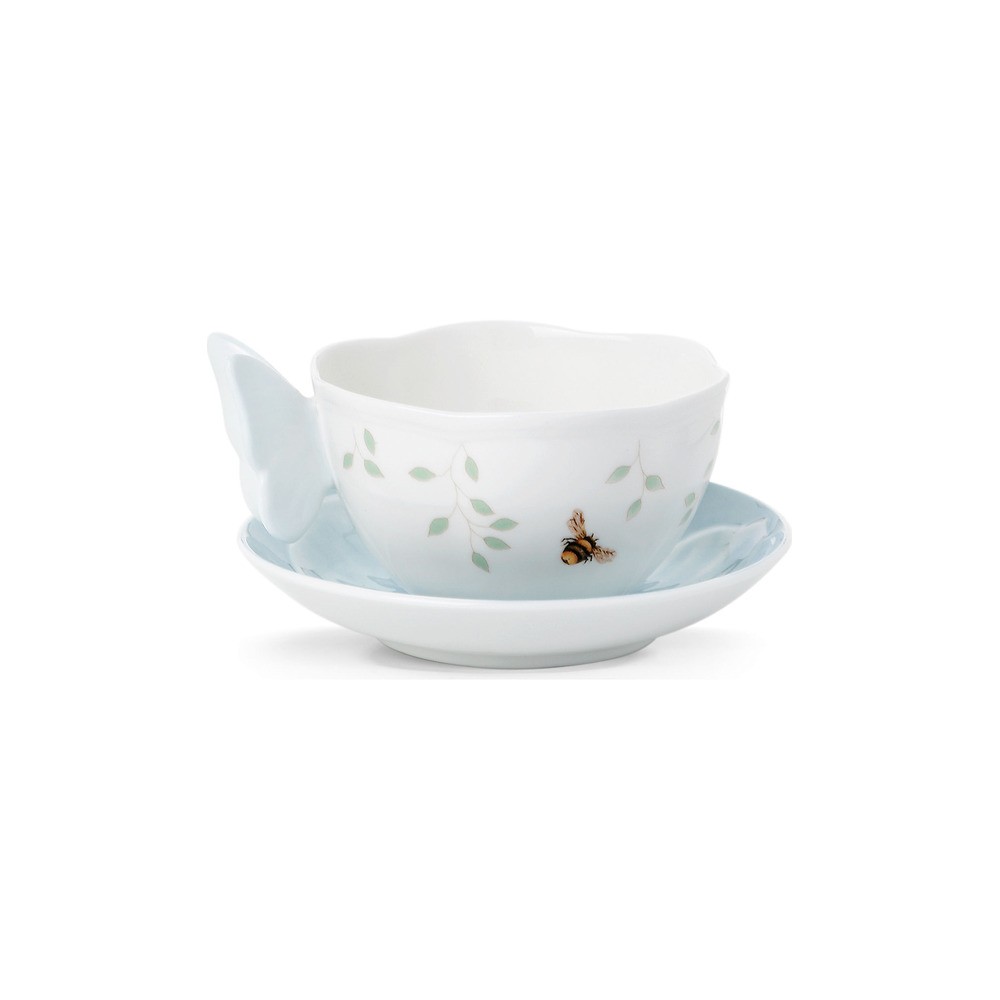 Чашка чайная с блюдцем 240мл "Бабочки на лугу" (фигурная ручка) (голубой), Фарфор, Lenox, США