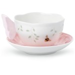 Чашка чайная с блюдцем 240мл "Бабочки на лугу" (фигурная ручка) (розовый), Фарфор, Lenox, США