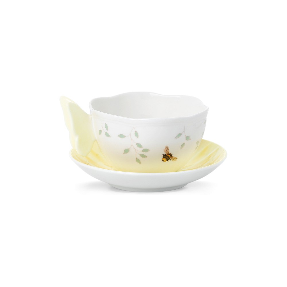 Чашка чайная с блюдцем 240мл "Бабочки на лугу" (фигурная ручка) (желтый), Фарфор, Lenox, США