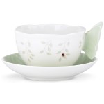Чашка чайная с блюдцем 240мл "Бабочки на лугу" (фигурная ручка) (зеленый), Фарфор, Lenox, США