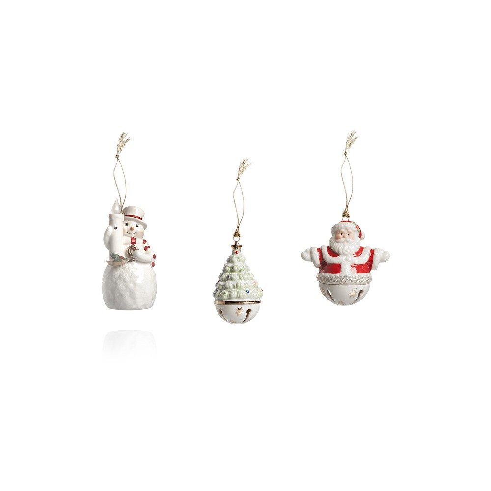Набор из 3 новогодних украшений "Дед Мороз, Ель, Снеговик" (с колокольчиками), Фарфор, Lenox, США