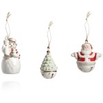 Набор из 3 новогодних украшений "Дед Мороз, Ель, Снеговик" (с колокольчиками), Фарфор, Lenox, США