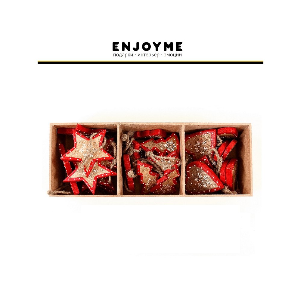 Деревянные елочные украшения ручной работы, красный декор, 30 шт, в подарочной коробке, EnjoyMe