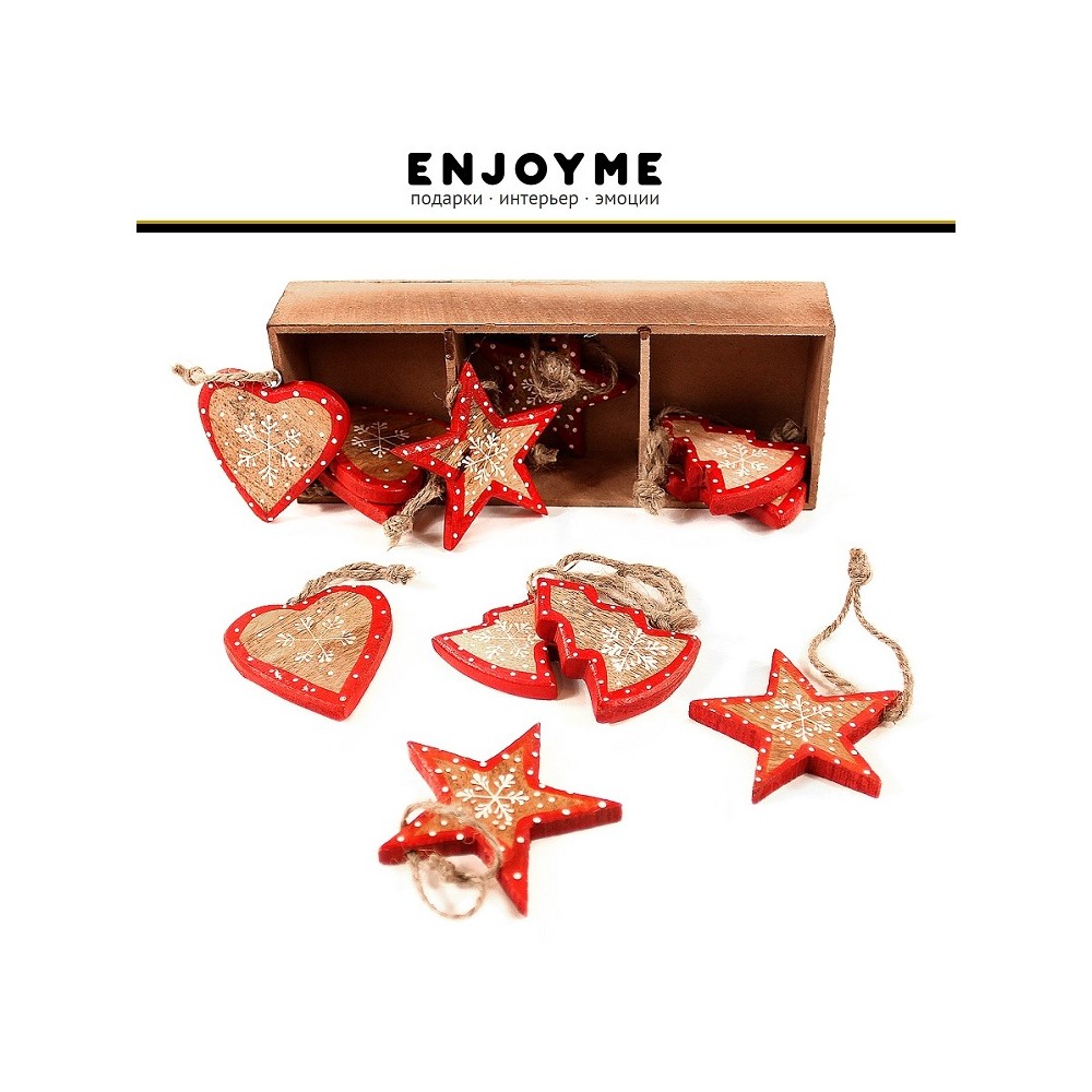 Деревянные елочные украшения ручной работы, красный декор, 12 шт, в подарочной коробке, EnjoyMe