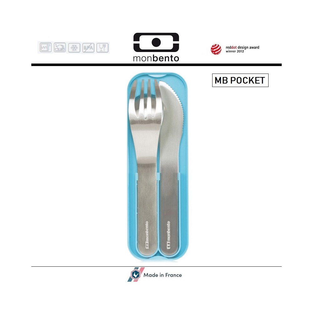 Набор из 3 столовых приборов MB Pocket голубой в футляре, Monbento