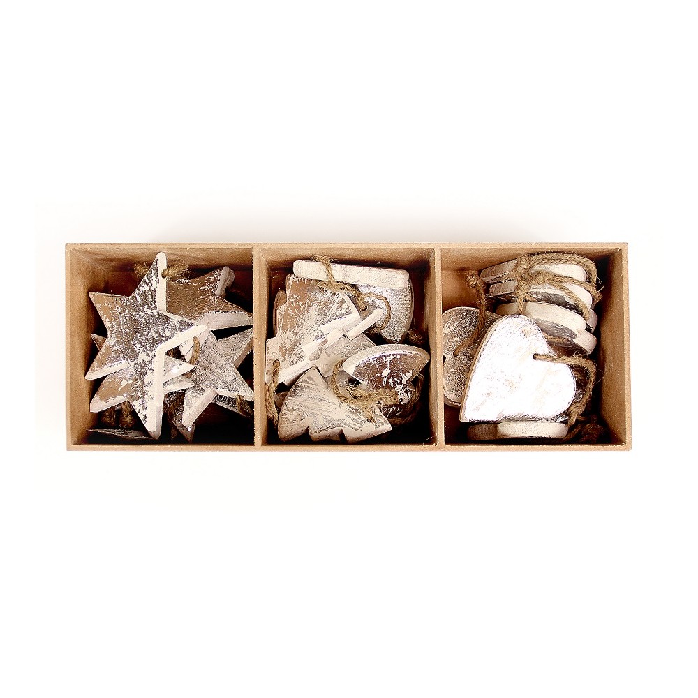 Украшения подвесные silver stars/trees/hearts, деревянные, в подарочной коробке, 24 шт., EnjoyMe