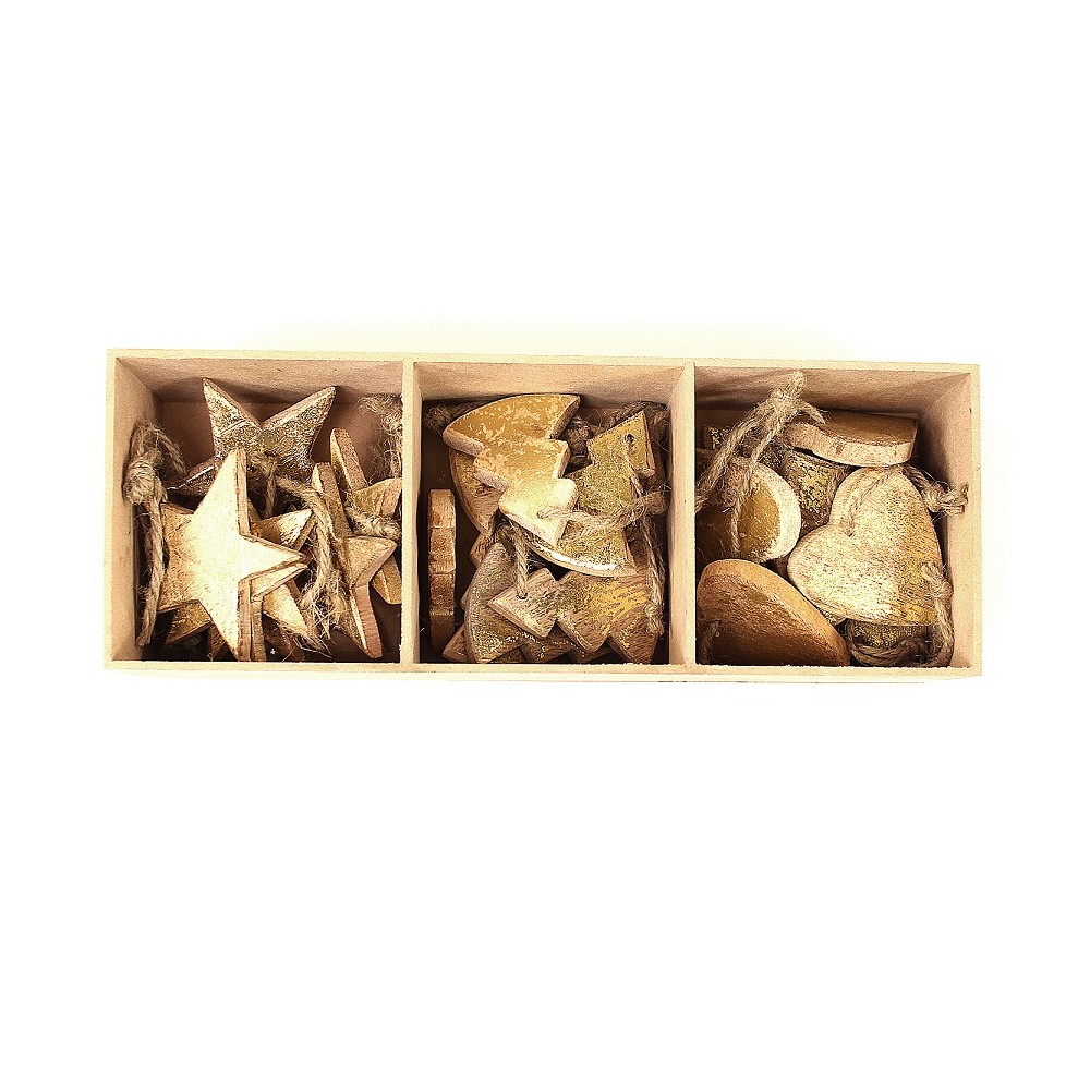 Украшения подвесные golden stars/trees/hearts, деревянные, в подарочной коробке, 24 шт., EnjoyMe