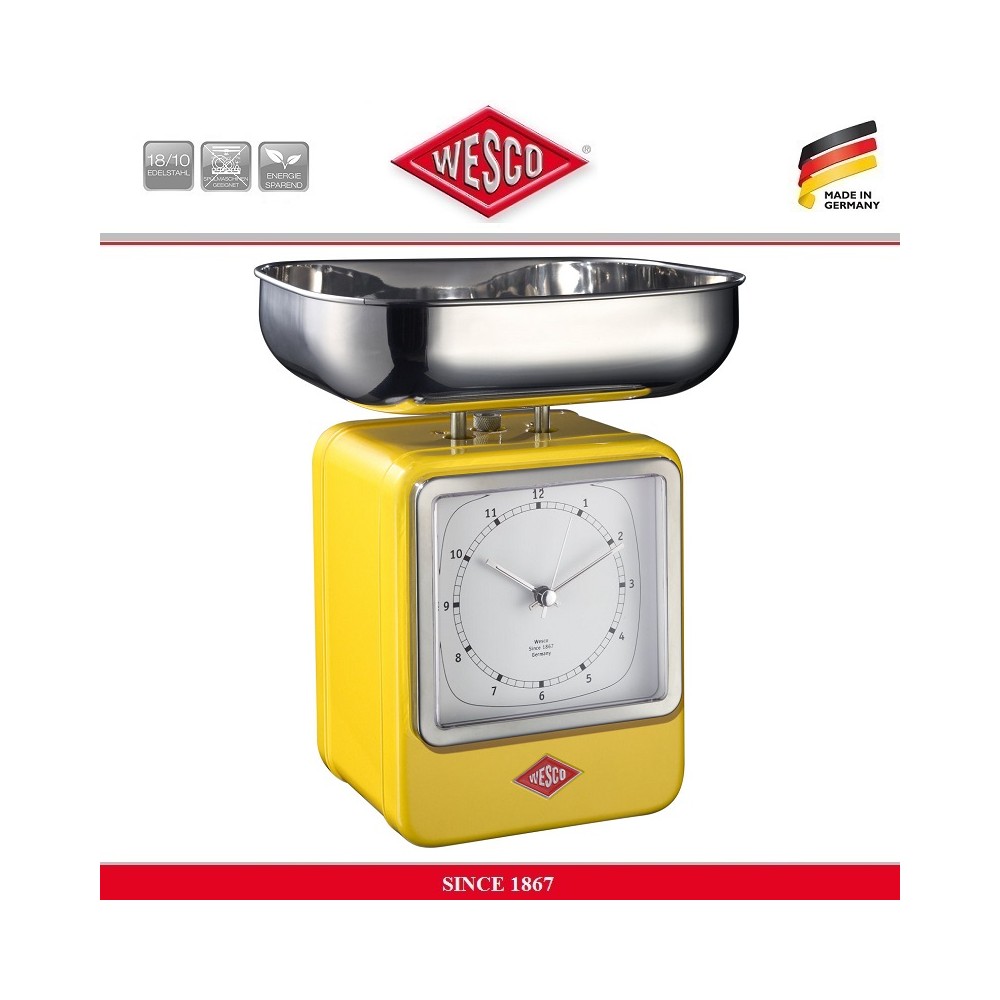 Весы с часами и съемной чашей, на 4 кг, цвет желтый, серия Retro Scale, Wesco