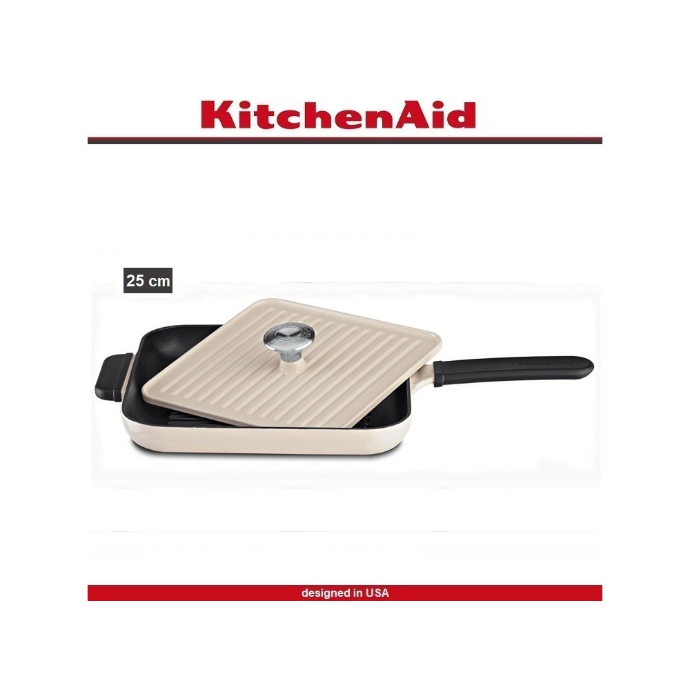 Гриль-сковорода Cast Iron с прессом Panini, 25 х 25 см, чугун литой, молочный, KitchenAid 
