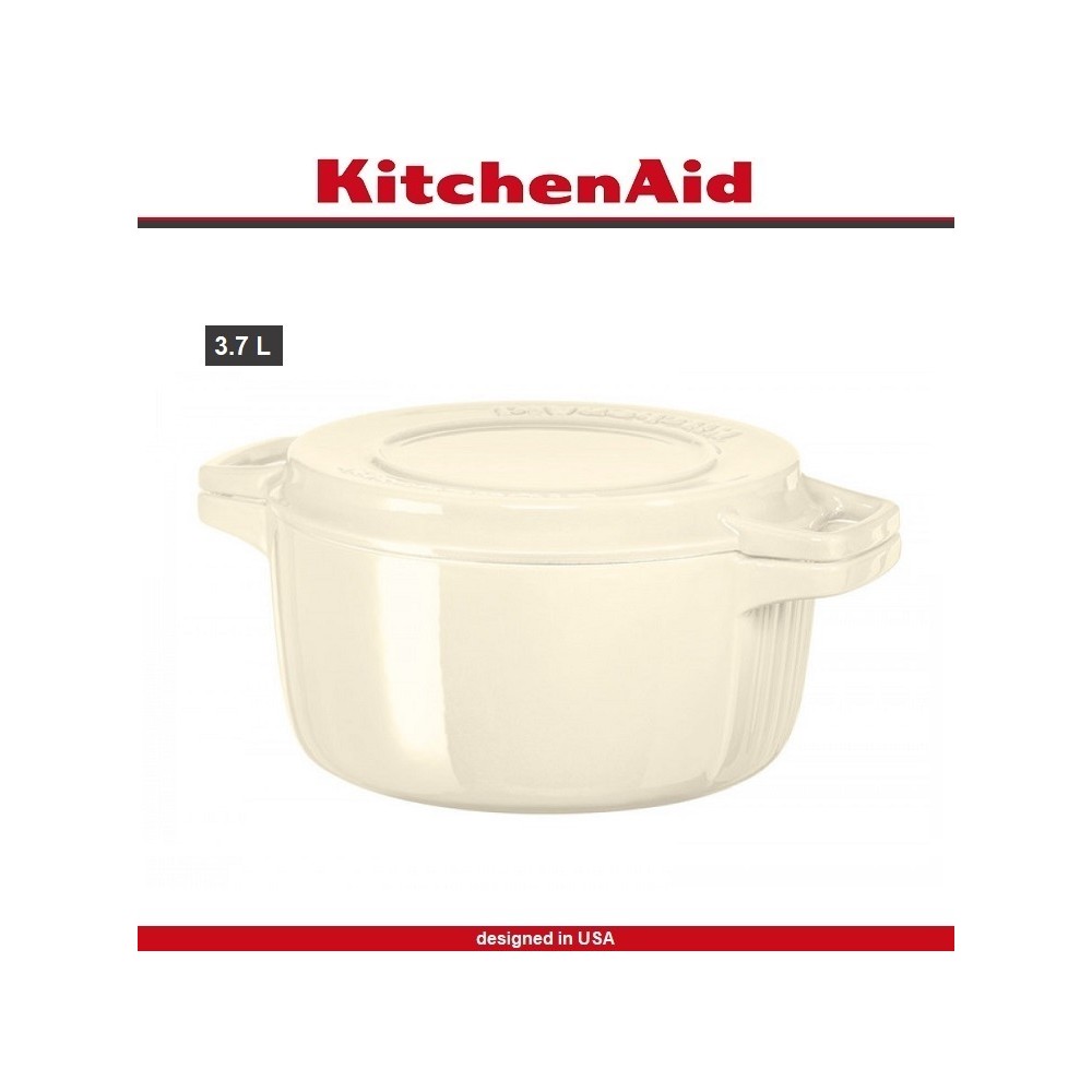 Кастрюля-жаровня Cast Iron с крышкой-сковородой гриль, 3.7 л, D 24 см, чугун литой, молочный, KitchenAid 