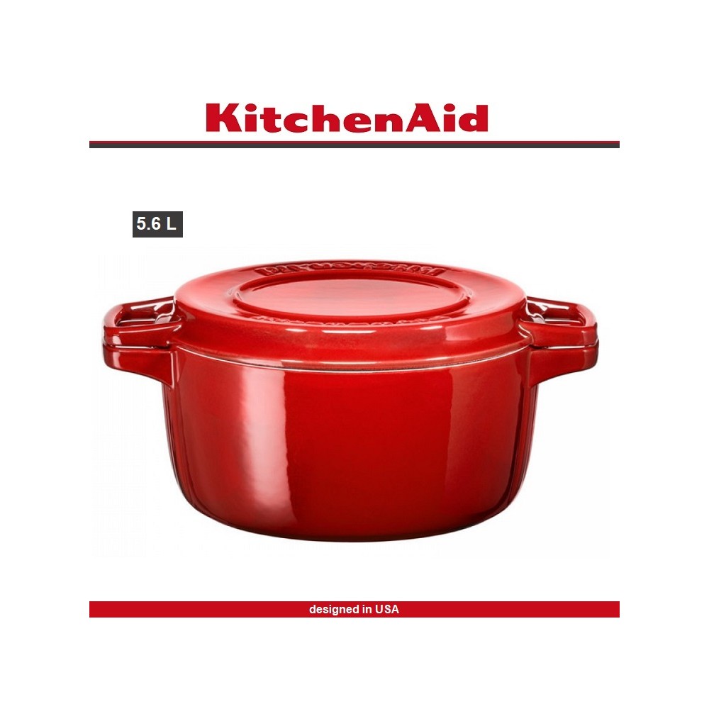 Кастрюля-жаровня Cast Iron с крышкой-сковородой гриль, 5.7 л, D 28 см, чугун литой, красный, KitchenAid 