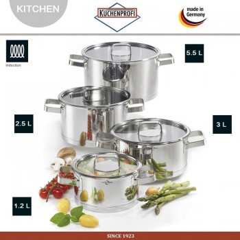 SAN REMO Набор кастрюль, 8 предметов, нержавеющая сталь 18/10, закаленное стекло, Kuchenprofi, Германия