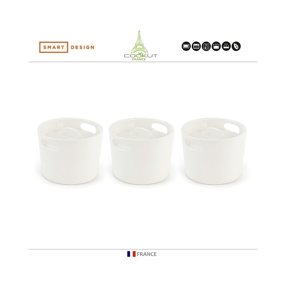 Набор керамических кокотниц EVE с крышками, 3 шт, 360 мл, керамика, белый, COOKUT