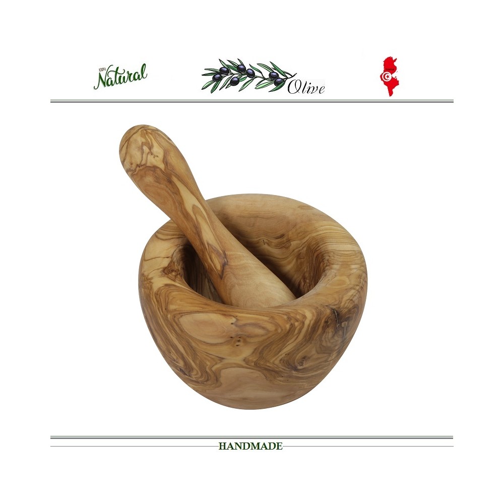 Пестик и ступка Aromate ручной работы, 14 см, дерево оливы, LE PALAIS