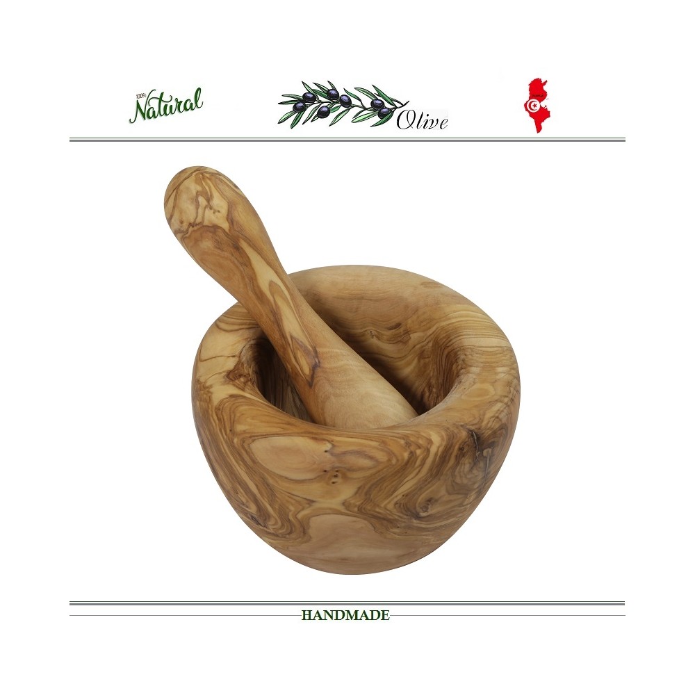 Пестик и ступка Aromate ручной работы, 15 см, дерево оливы, LE PALAIS