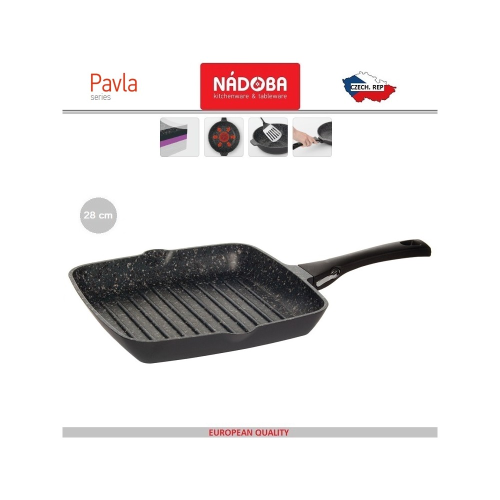 PAVLA Антипригарная гриль-сковорода со съемной ручкой, индукционное дно, 28 х 28 см, минеральное покрытие, Nadoba