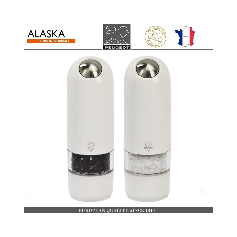 Набор автоматических мельниц Alaska для соли и перца, подсветка, белый, PEUGEOT