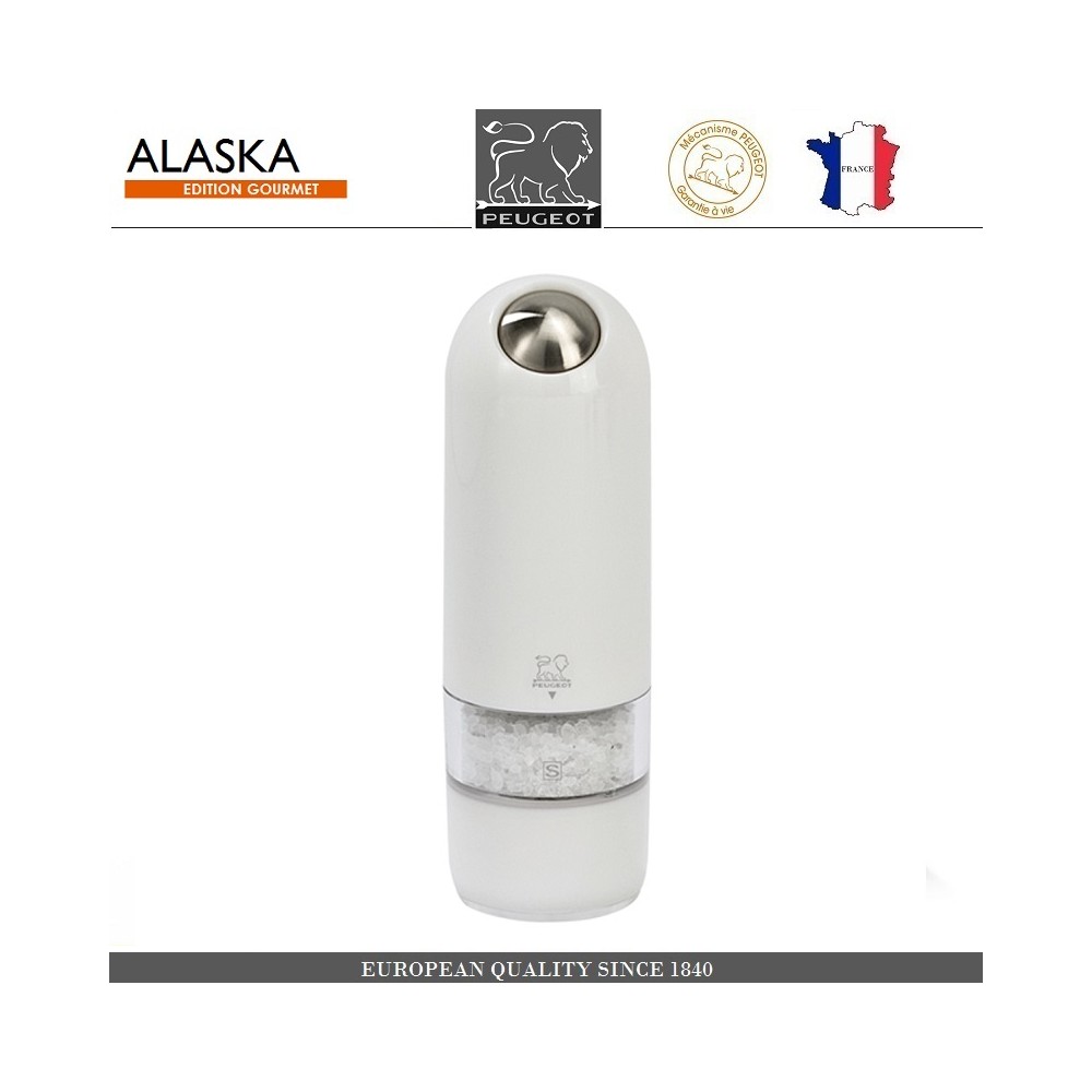 Автоматическая мельница Alaska для соли, подсветка, на батарейках, цвет белый, PEUGEOT