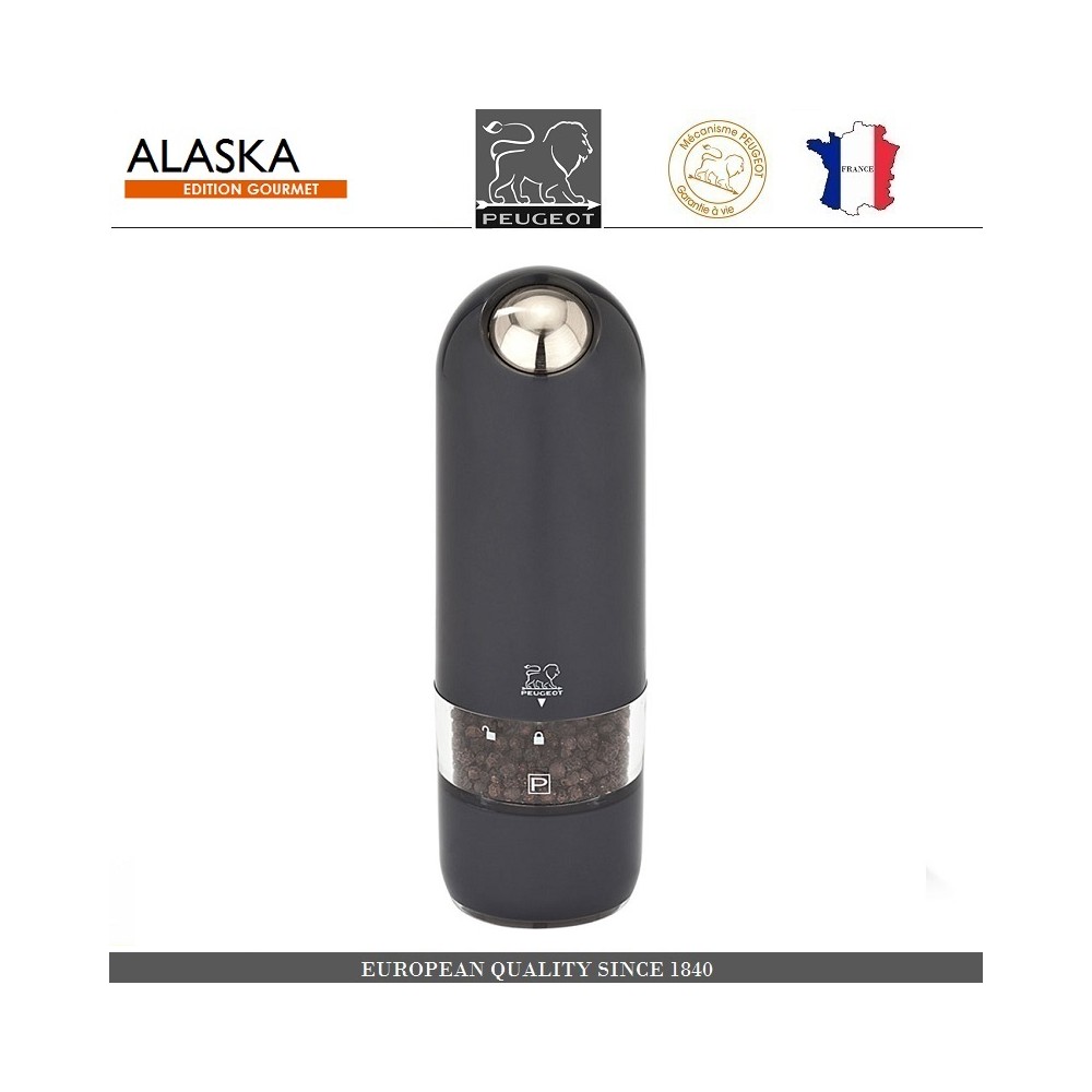 Автоматическая мельница Alaska для перца, подсветка, на батарейках,  цвет черный, PEUGEOT