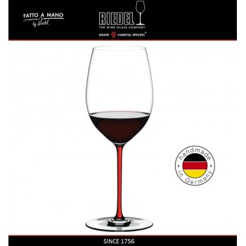 Бокал для красных вин Cabernet и Merlot, объем 625 мл, красная ножка, ручная выдувка, FATTO A MANO, RIEDEL