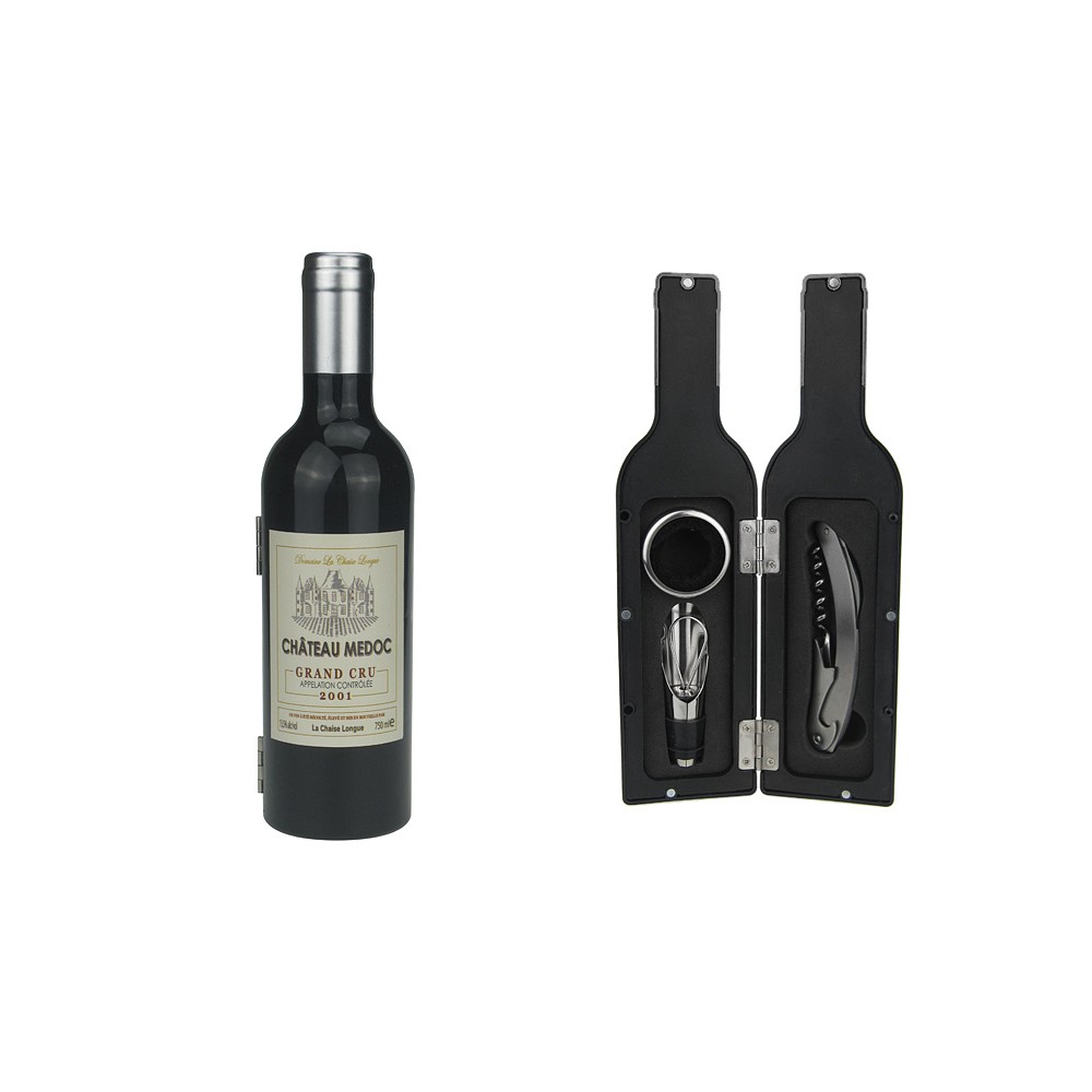 Винный набор 3 пр. Бутылка глянцевая с серебряной пробкой, Wine Tools