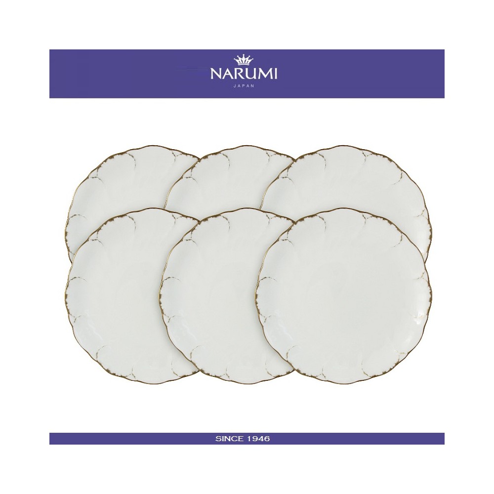 Набор десертных (закусочных) тарелок White with Gold, 6 шт, D 23 см, костяной позолота, NARUMI