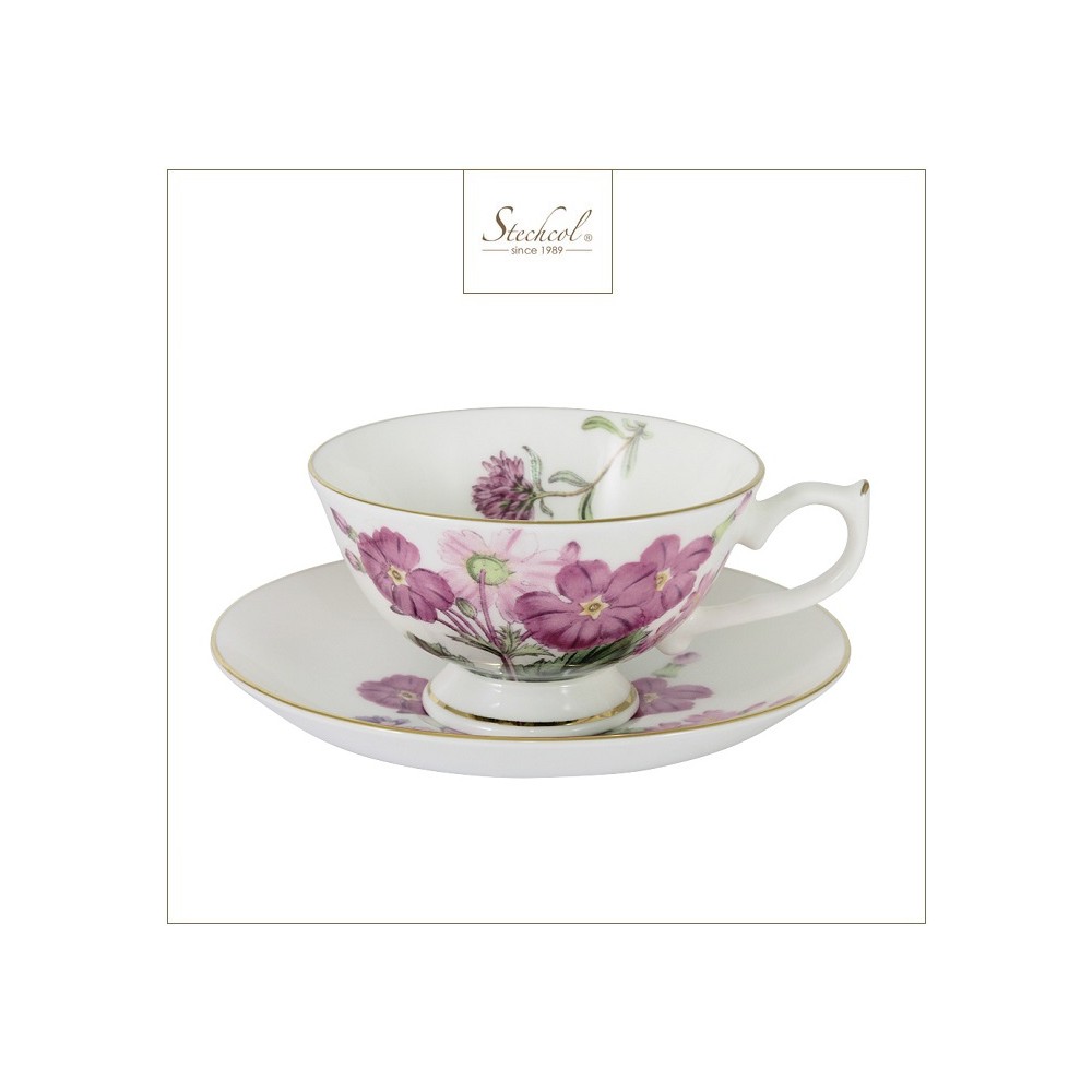 Пара чайная Laura розовые цветы на белом, 200 мл, костяной Stechcol