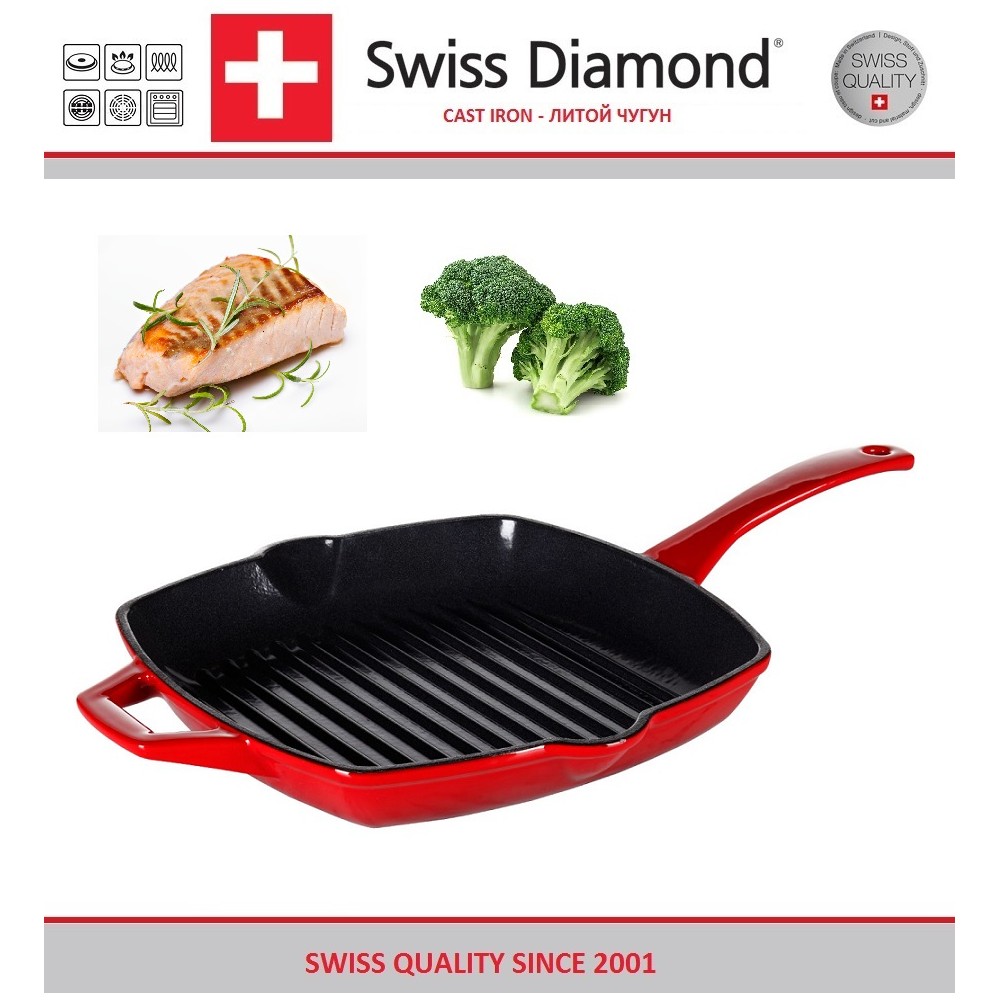 Гриль-сковорода, 26 х 26 см, эмалевое покрытие, индукционное дно, цвет красный, серия Prestige Cast, Swiss Diamond