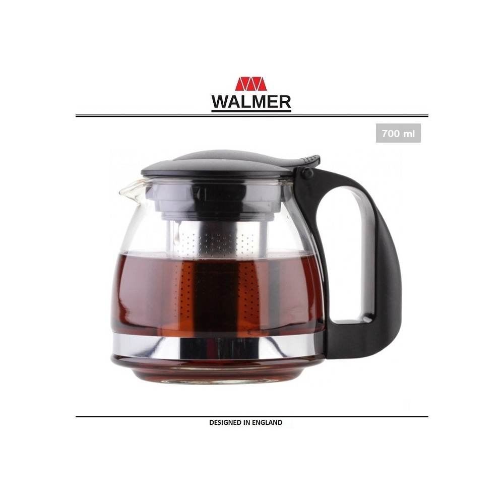 Заварочный чайник со стальным фильтром, 700 мл, боросиликатное стекло, черный, серия Aster, WALMER